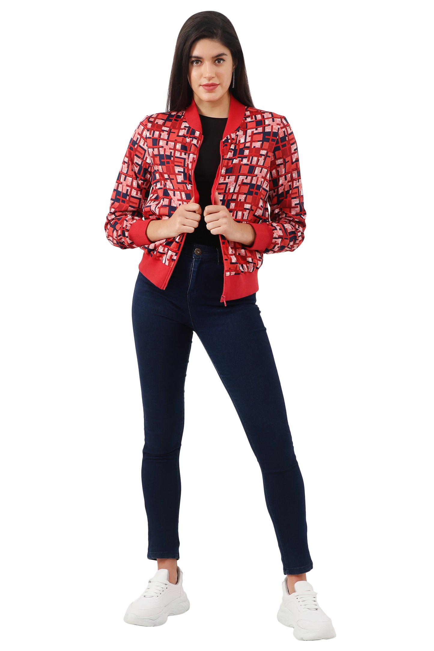 NUEVOSDAMAS Women Printed Full Sleeve Bomber jacket | Latest Stylish Checks Printed Women Jacket | Light Weight Crepe Jacket for women_Red multi