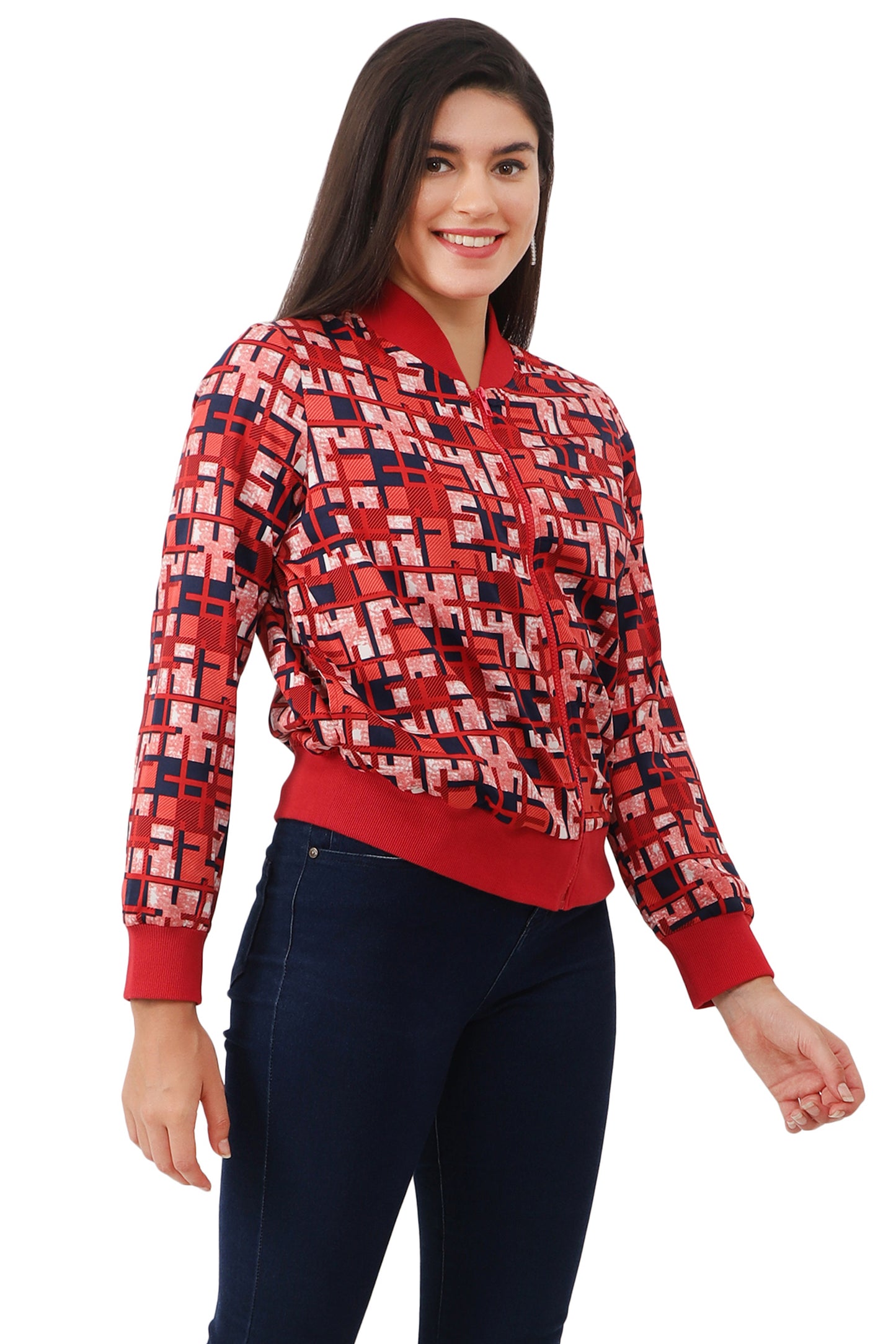 NUEVOSDAMAS Women Printed Full Sleeve Bomber jacket | Latest Stylish Checks Printed Women Jacket | Light Weight Crepe Jacket for women_Red multi