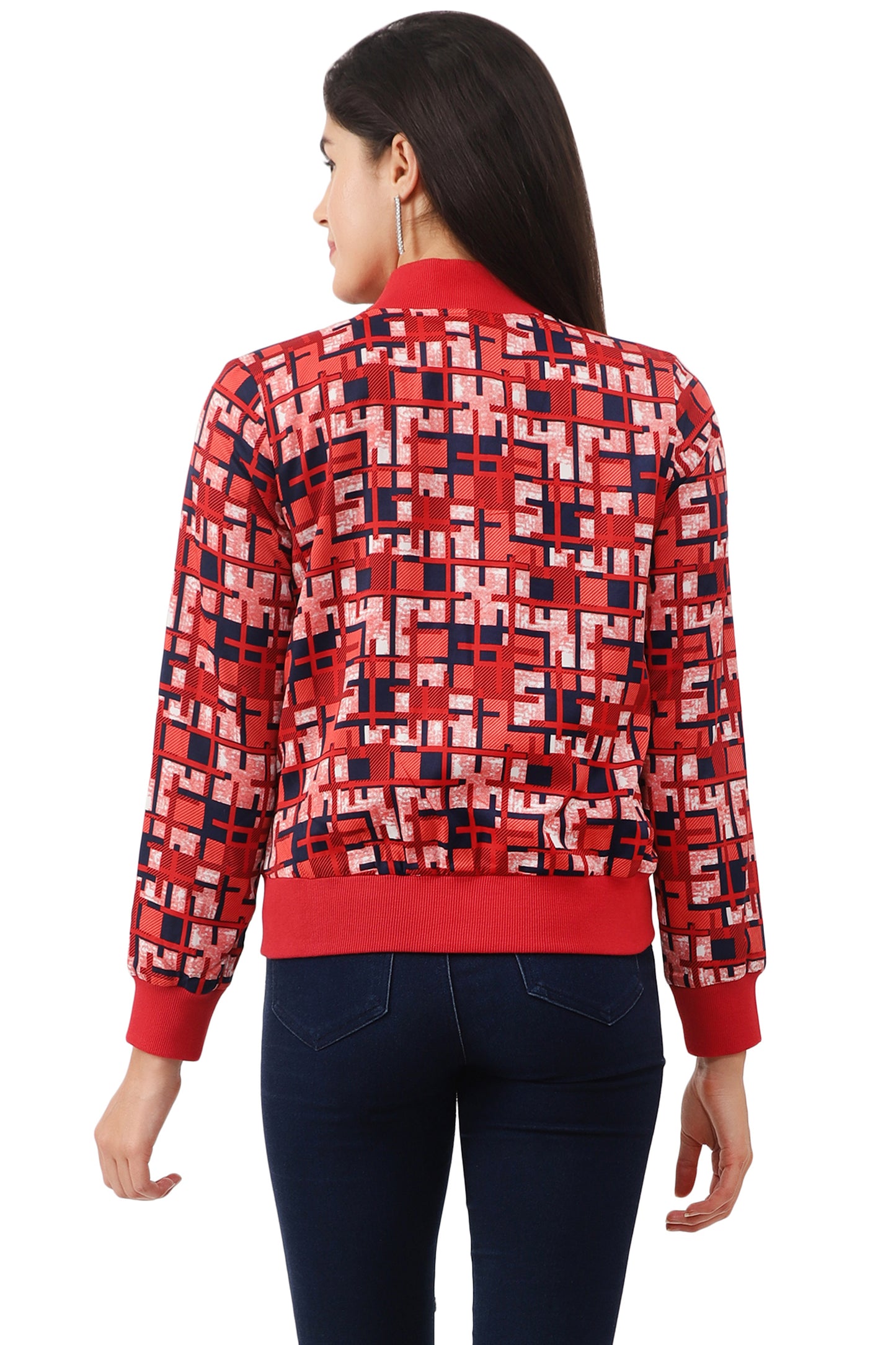 NUEVOSDAMAS Women Printed Full Sleeve Bomber jacket | Latest Stylish Checks Printed Women Jacket | Light Weight Crepe Jacket for women_Red multi