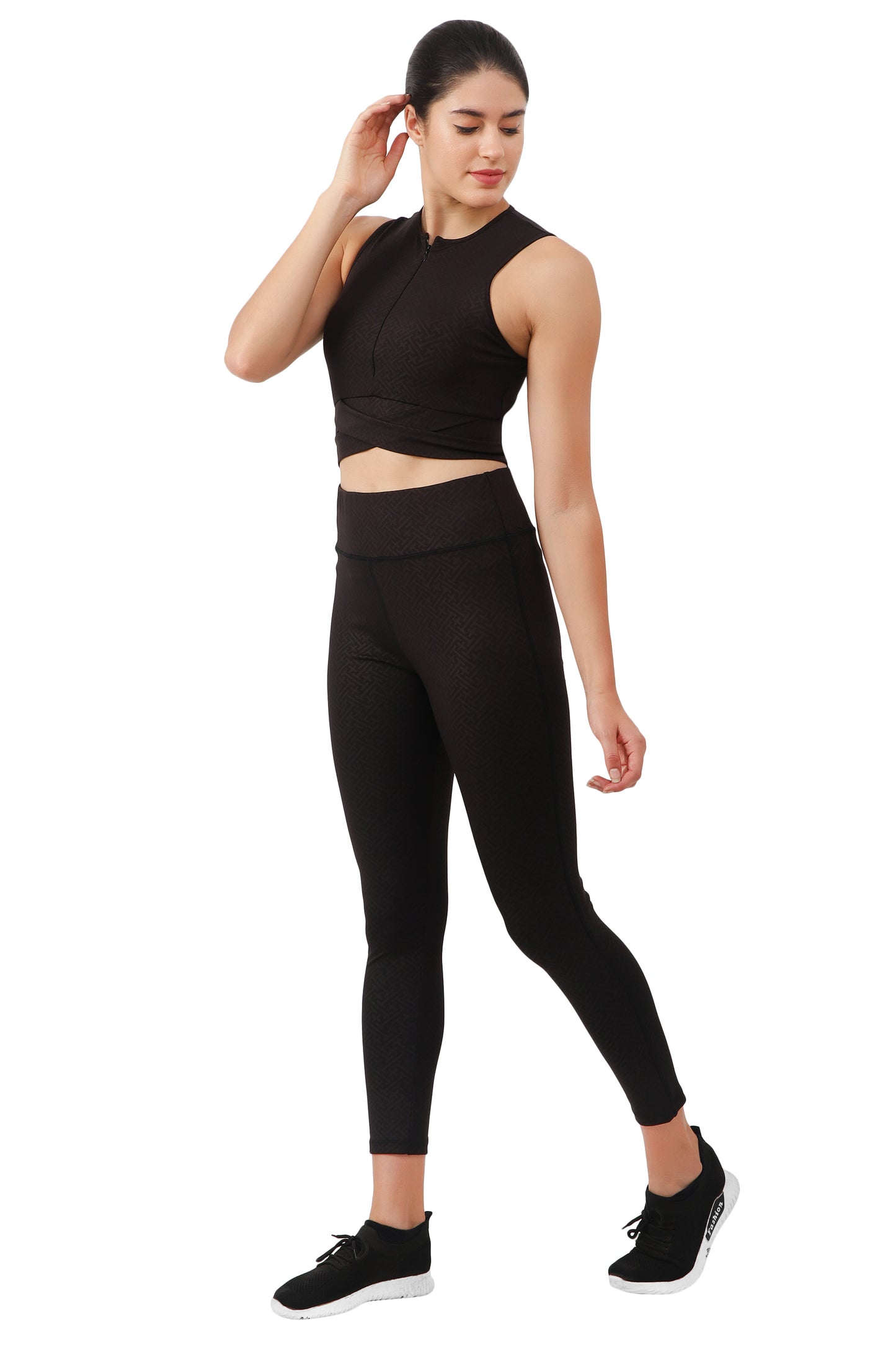 NUEVOSDAMAS Gepometrical Printed Women Active WearTracksuit | Gym Wear Padded Top And Bottom Set | Dry Fit Women Active Wear Combo Set_Black