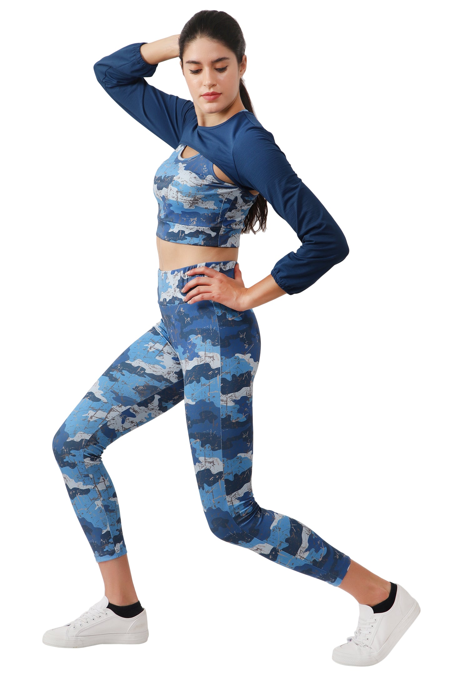 NUEVOSDAMAS BLUE CAMOUFLAGE PRINT DRY FIT FABRIC PADDED BRA TOP WITH ATTACHED FULL SLEEVE YOKE AND TRACK PANT - 3 PCS SET