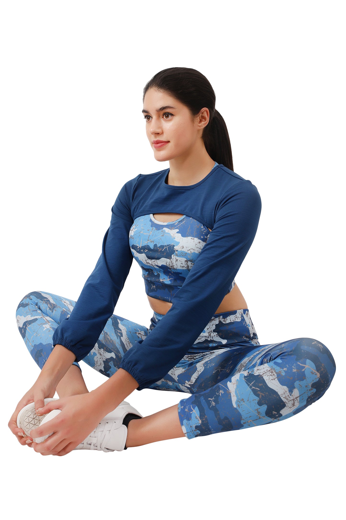 NUEVOSDAMAS BLUE CAMOUFLAGE PRINT DRY FIT FABRIC PADDED BRA TOP WITH ATTACHED FULL SLEEVE YOKE AND TRACK PANT - 3 PCS SET