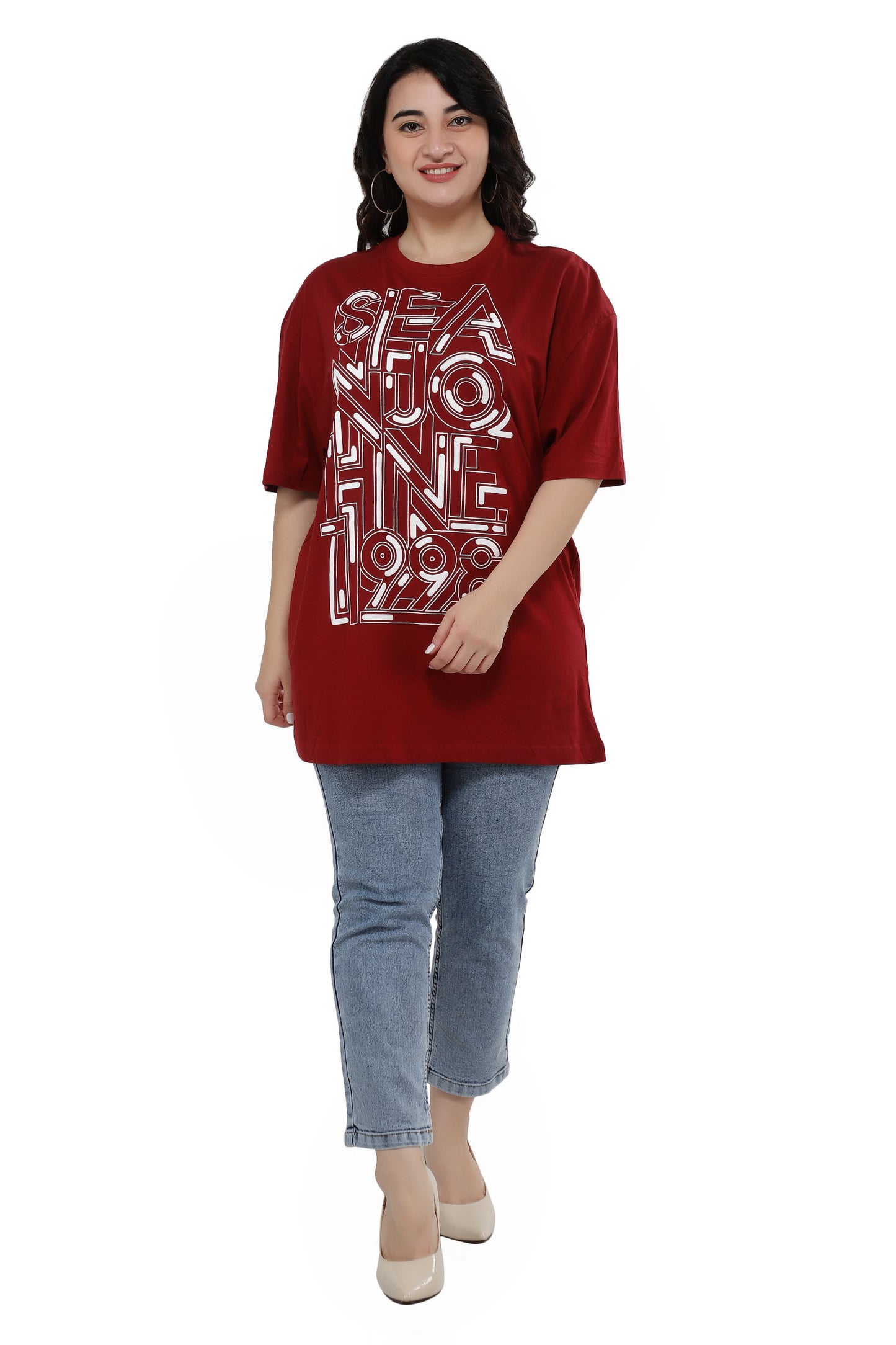 NUEVOSDAMAS Women Cotton Graphic Printed Half Sleeve Women's Maroon T-Shirt