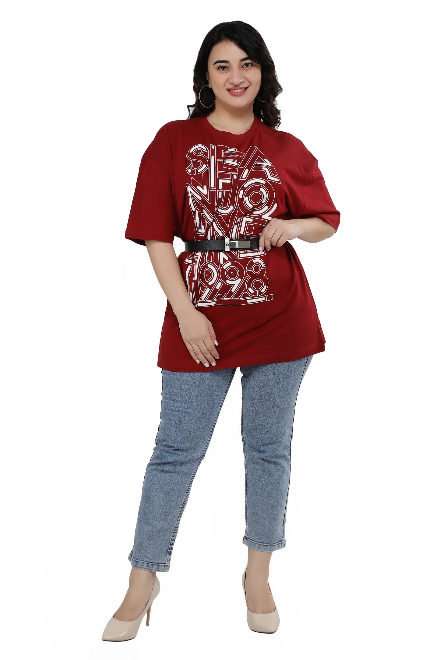 NUEVOSDAMAS Women Cotton Graphic Printed Half Sleeve Women's Maroon T-Shirt