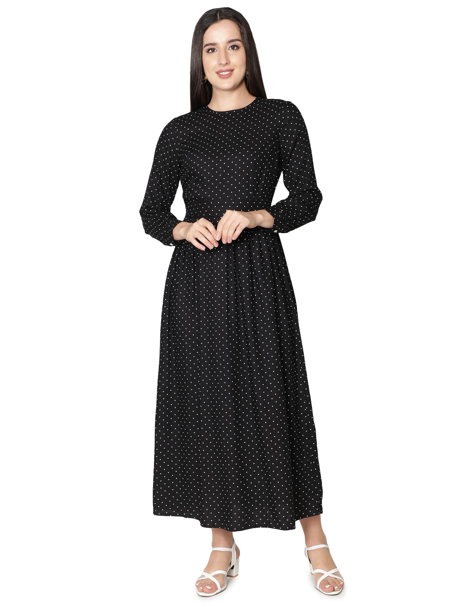 NUEVOSDAMAS Women's Rayon Dot Printed Designer Maxi Dress - Effortlessly Stylish Summer Elegance in Black