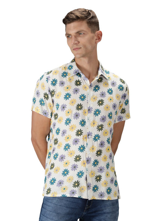 NUEVOSPORTA Men's Flower Printed White Shirt