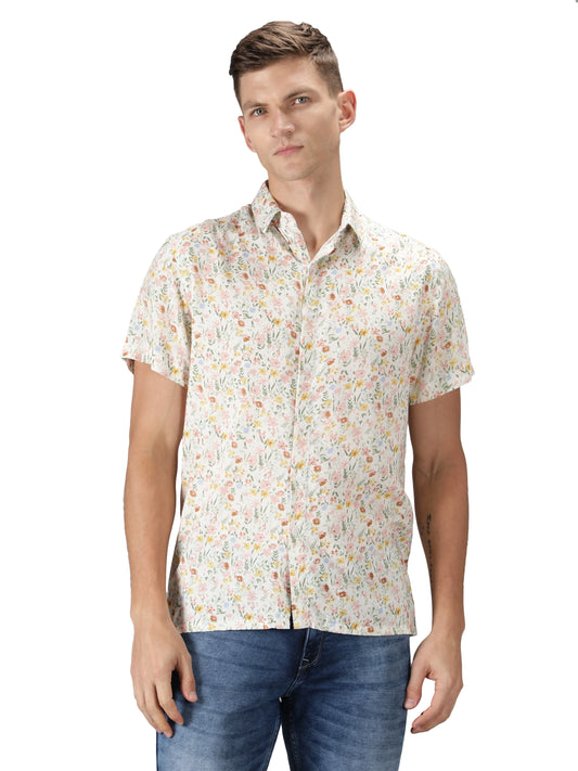 NUEVOSPORTA Men's Rayon Printed Beige Shirt