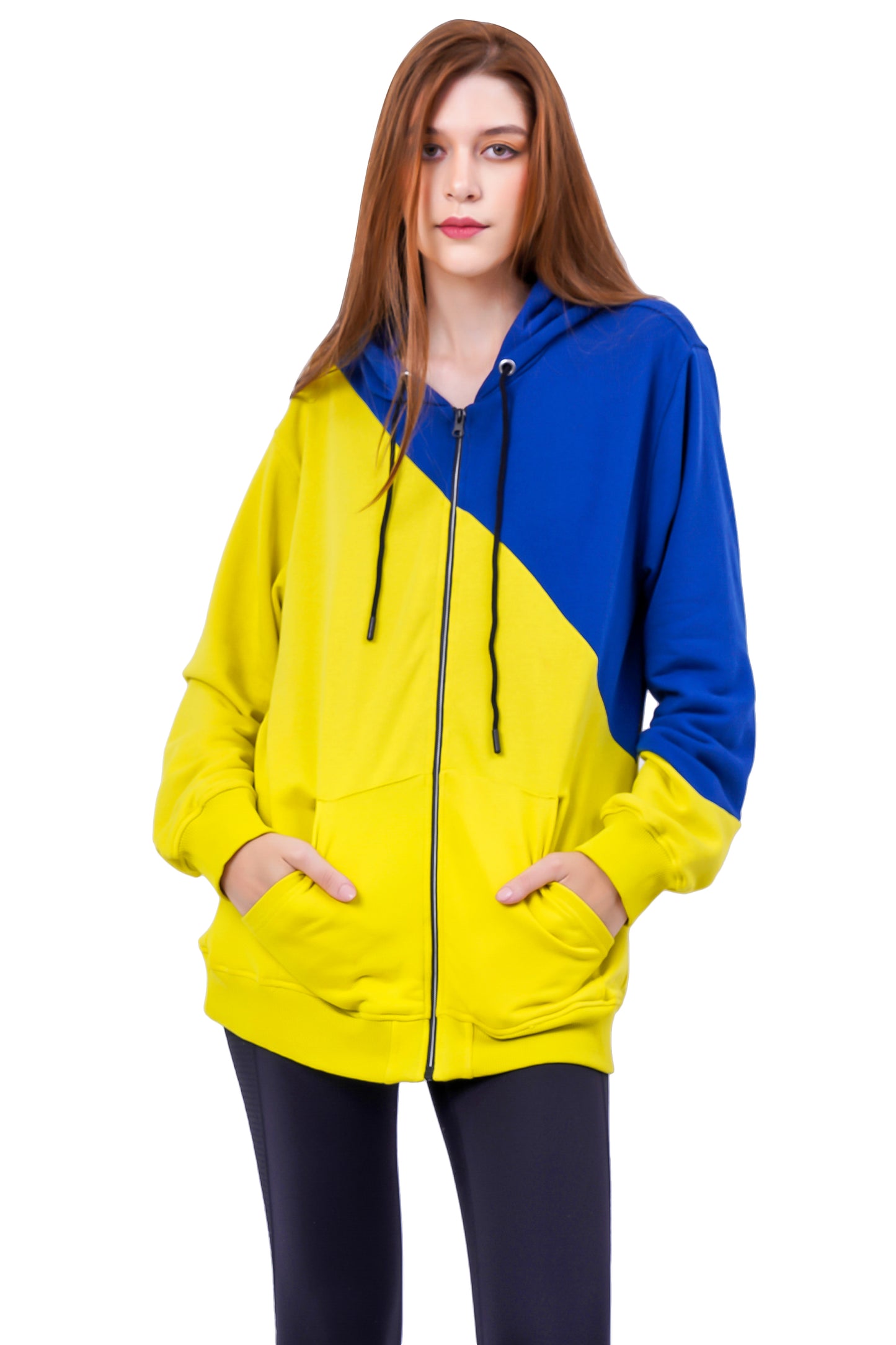 NUEVOSDAMAS Cotton Terry Solid Blocks Hooded Sweatshirt - Blue/Lime