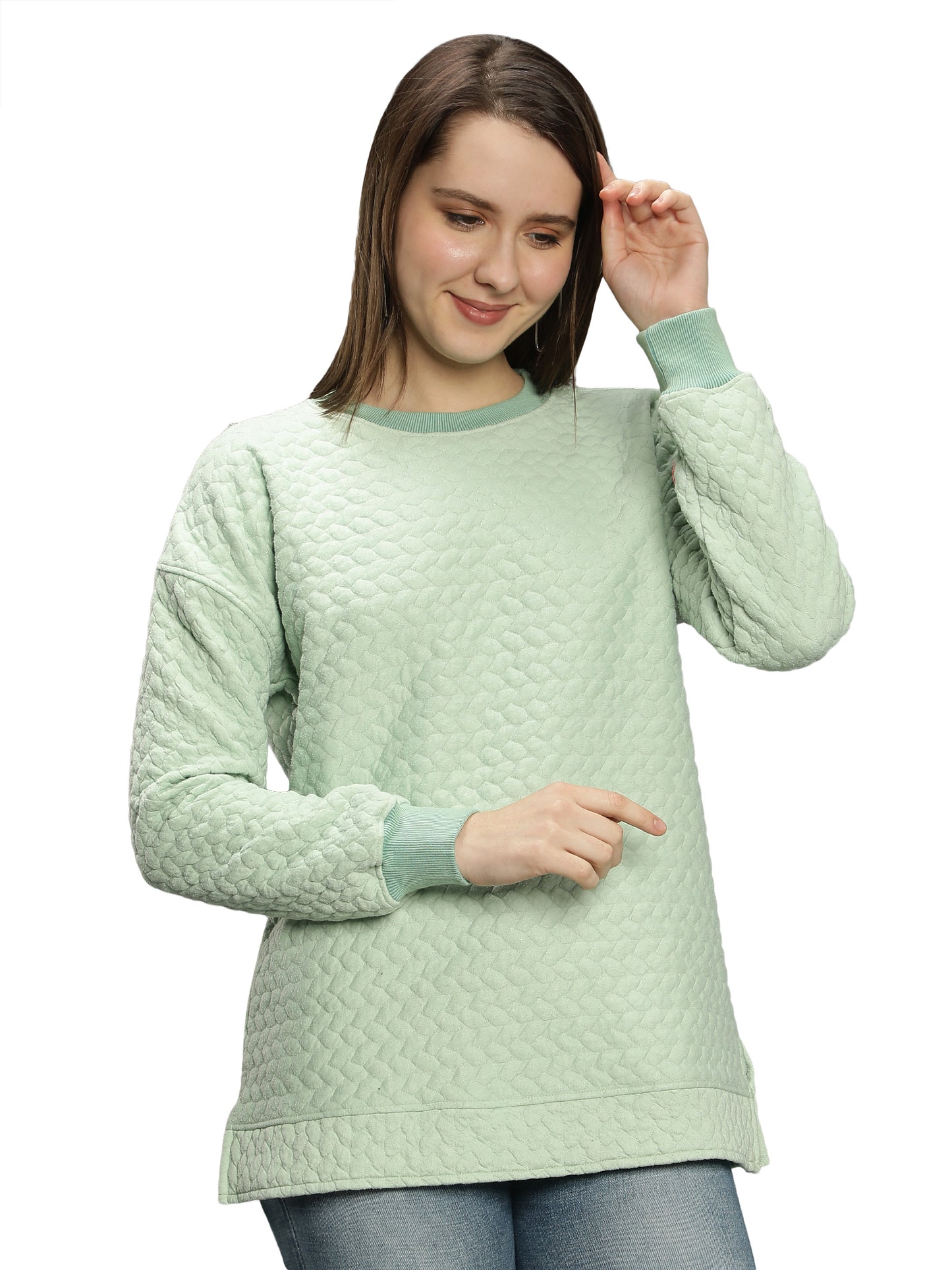 NUEVOSDAMAS Women's Polyester Blend Round Neck Sweatshirt (Light Green)