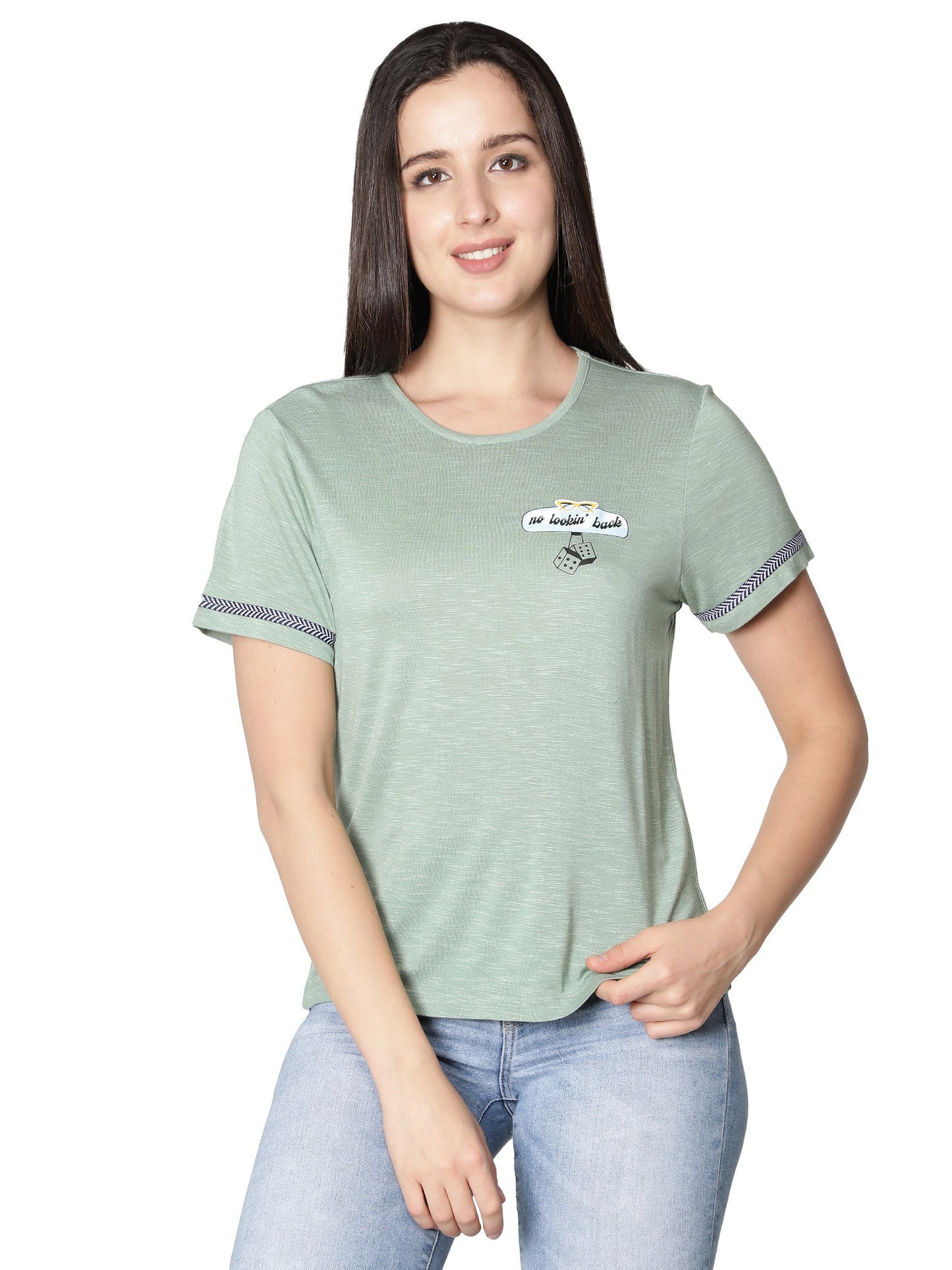 NUEVOSDAMAS Women Rayon Printed Light Green T-Shirt