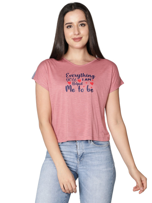 NUEVOSDAMAS Women Rayon Printed Pink T-Shirt