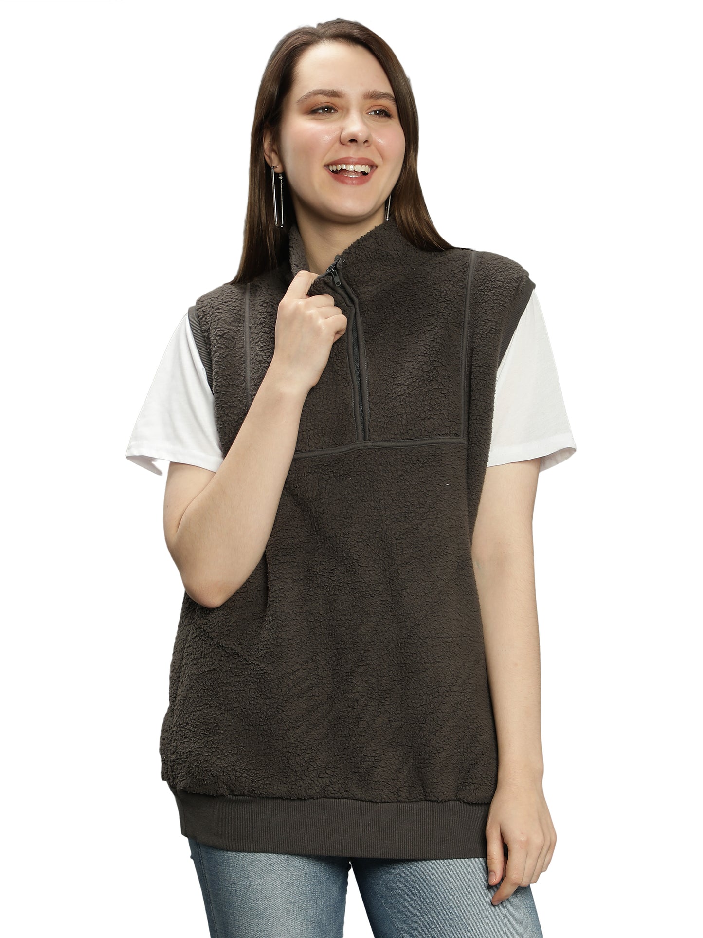 NUEVOSDAMAS Solid Grey Sherpa Fur Sleeveless Winter Sweatshirt