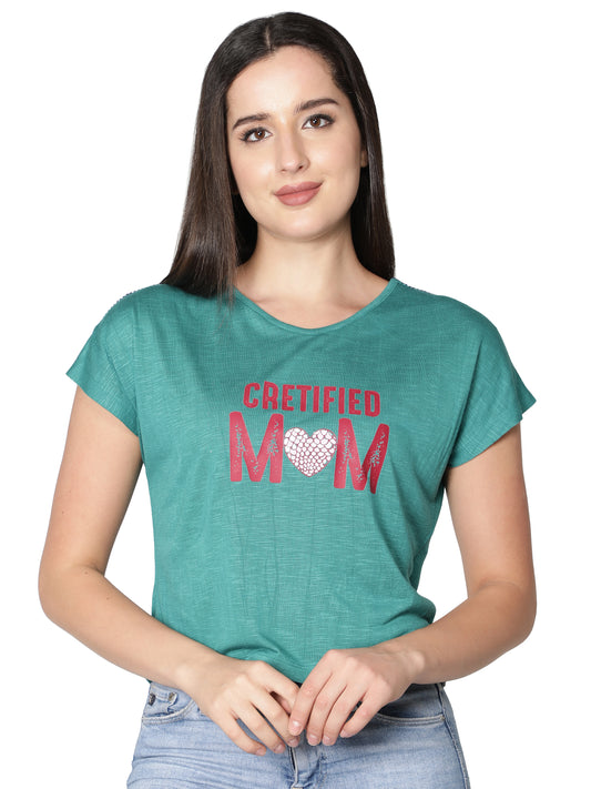 NUEVOSDAMAS Women Rayon Printed Teal T-Shirt