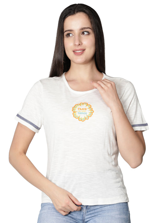 NUEVOSDAMAS Women Rayon Printed White T-Shirt