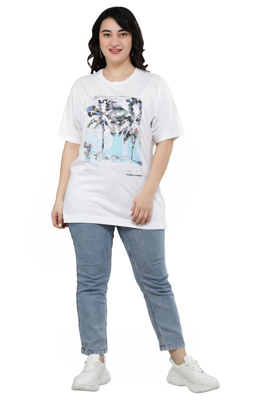 NUEVOSDAMAS Women Cotton Printed Half Sleeve Women's White T-Shirt