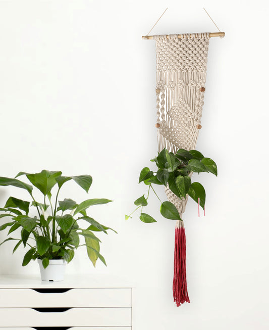 NUEVOSGHAR Macrame Plant Hanger | Boho Plant Holder | Hand Made Crochet Plant Holder | Indoor-Outdoor Wall Hanging Plant Holder | Beige-Pink