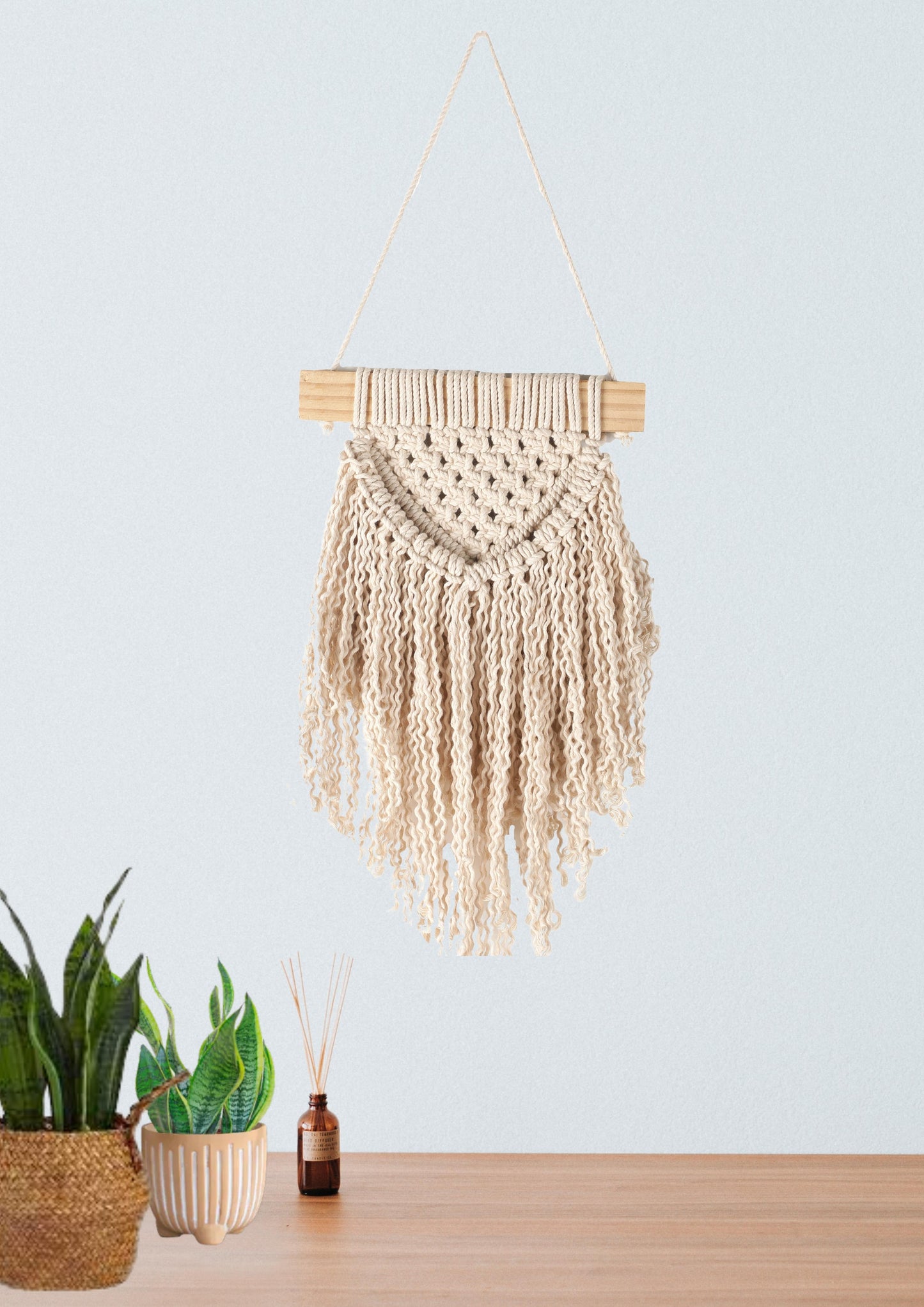 Macrame Wall Hanging Shelf | Bohemian Hanging Plant Shelves | Handmade Macrame Wall Hanging Decor | Wooden Wall Hanging Shelf_ Ivory