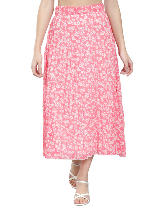 NUEVOSDAMAS Women Georgette Floral Printed Pleated Pink Skirt