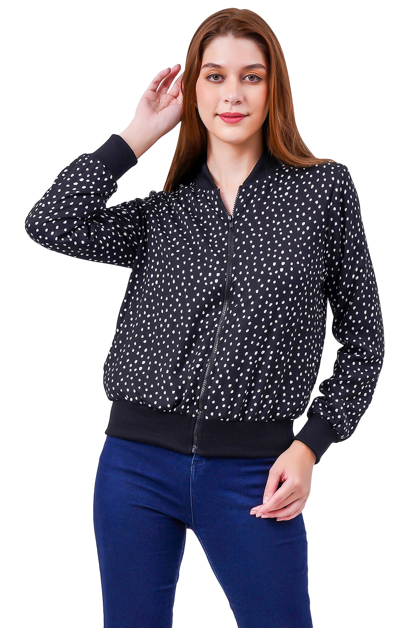 NUEVOSDAMAS Oval Dot Printed Black Bomber Jacket