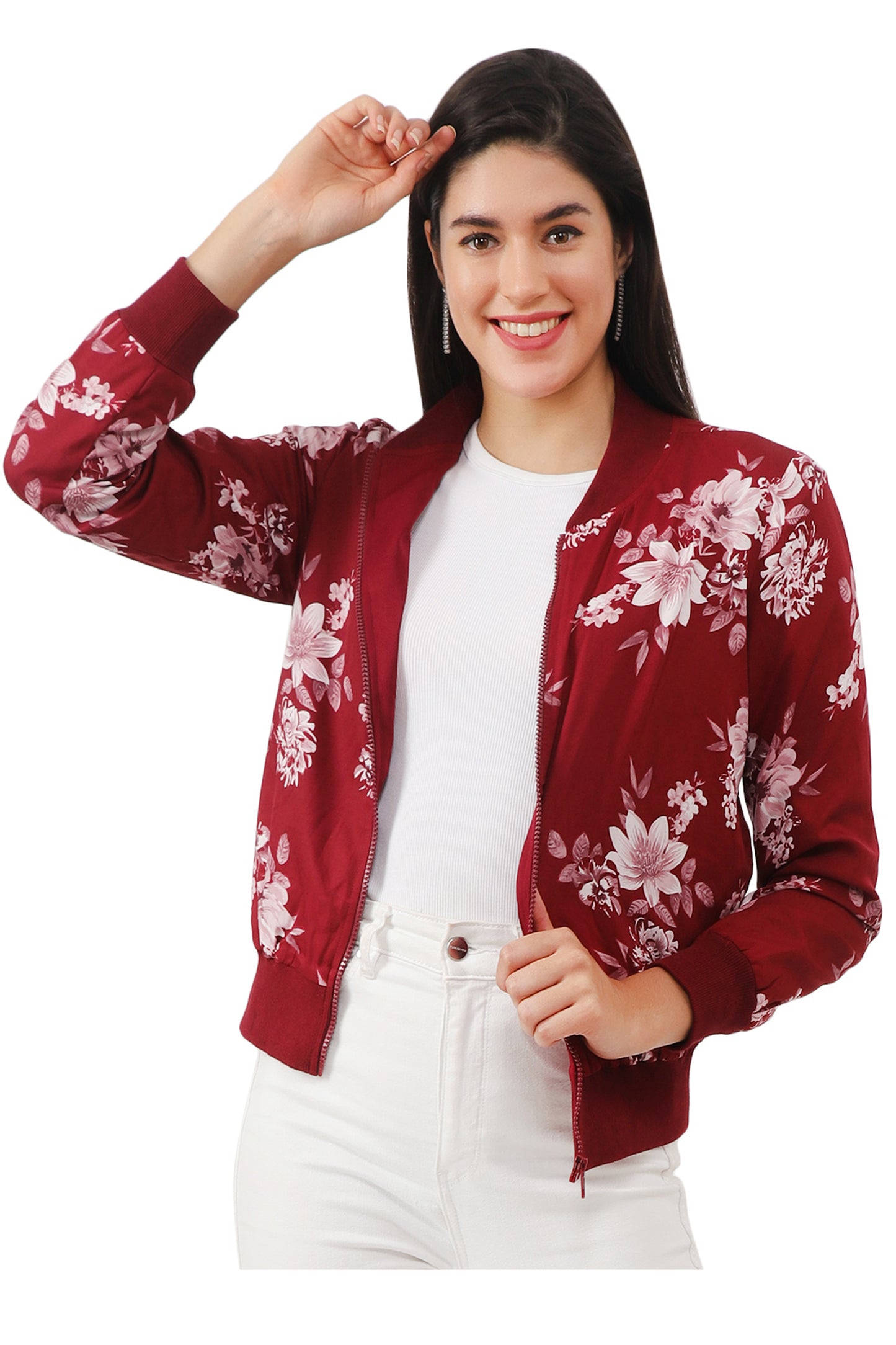 NUEVOSDAMAS Women Printed Full Sleeve Bomber jacket | Latest Stylish Floral Printed Women Jacket | Light Weight Crepe Jacket for women_ Maroon