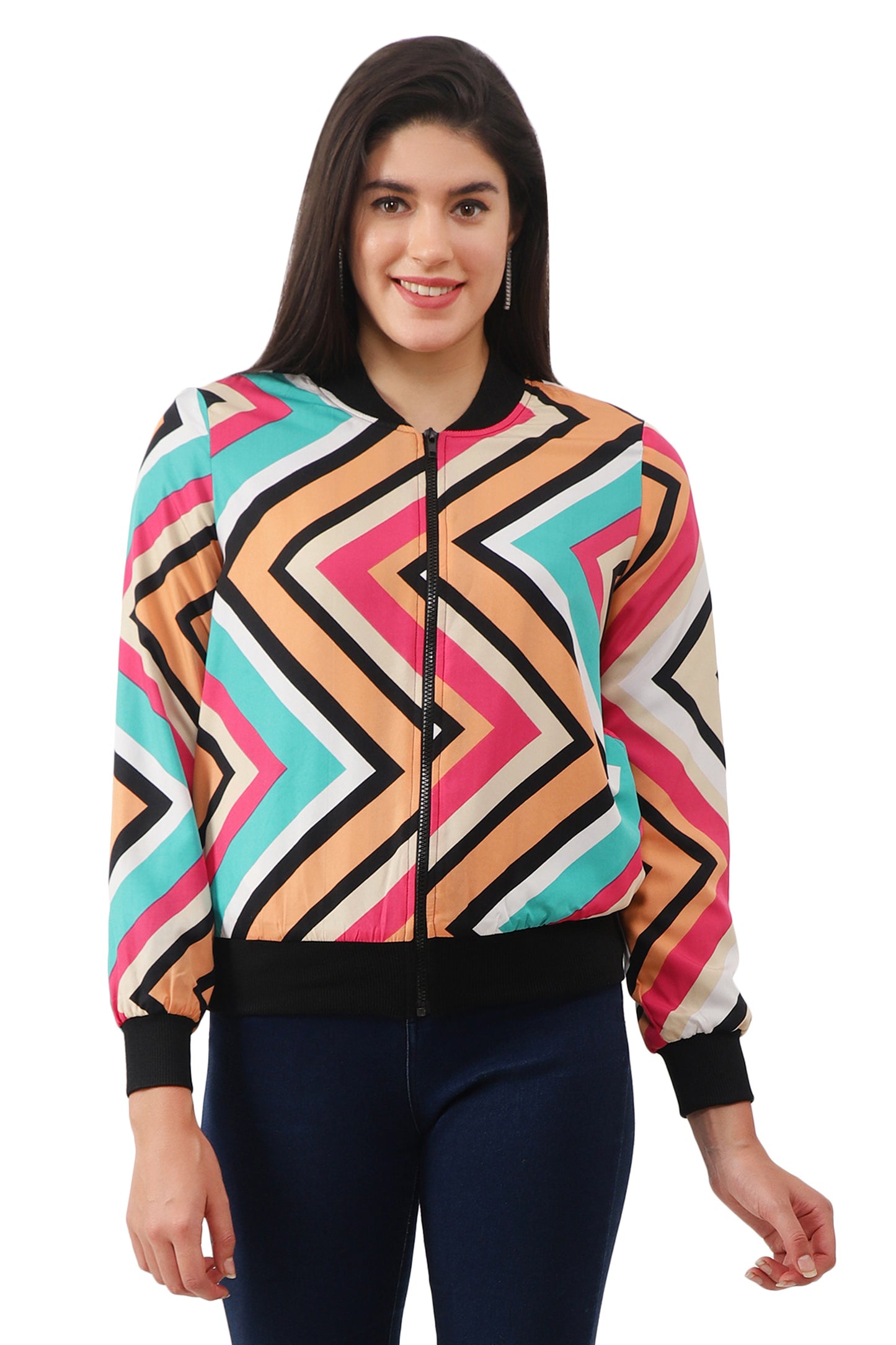 NUEVOSDAMAS Women Printed Full Sleeve Bomber jacket | Latest Stylish Chevron Printed Women Jacket | Light Weight Crepe Jacket for women_multicolor