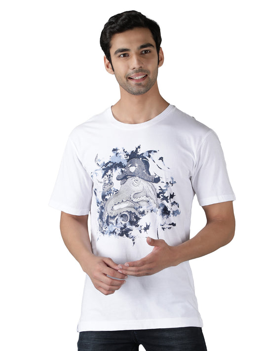 NUEVOSPORTA Men's Cotton Graphic Printed White T-Shirt