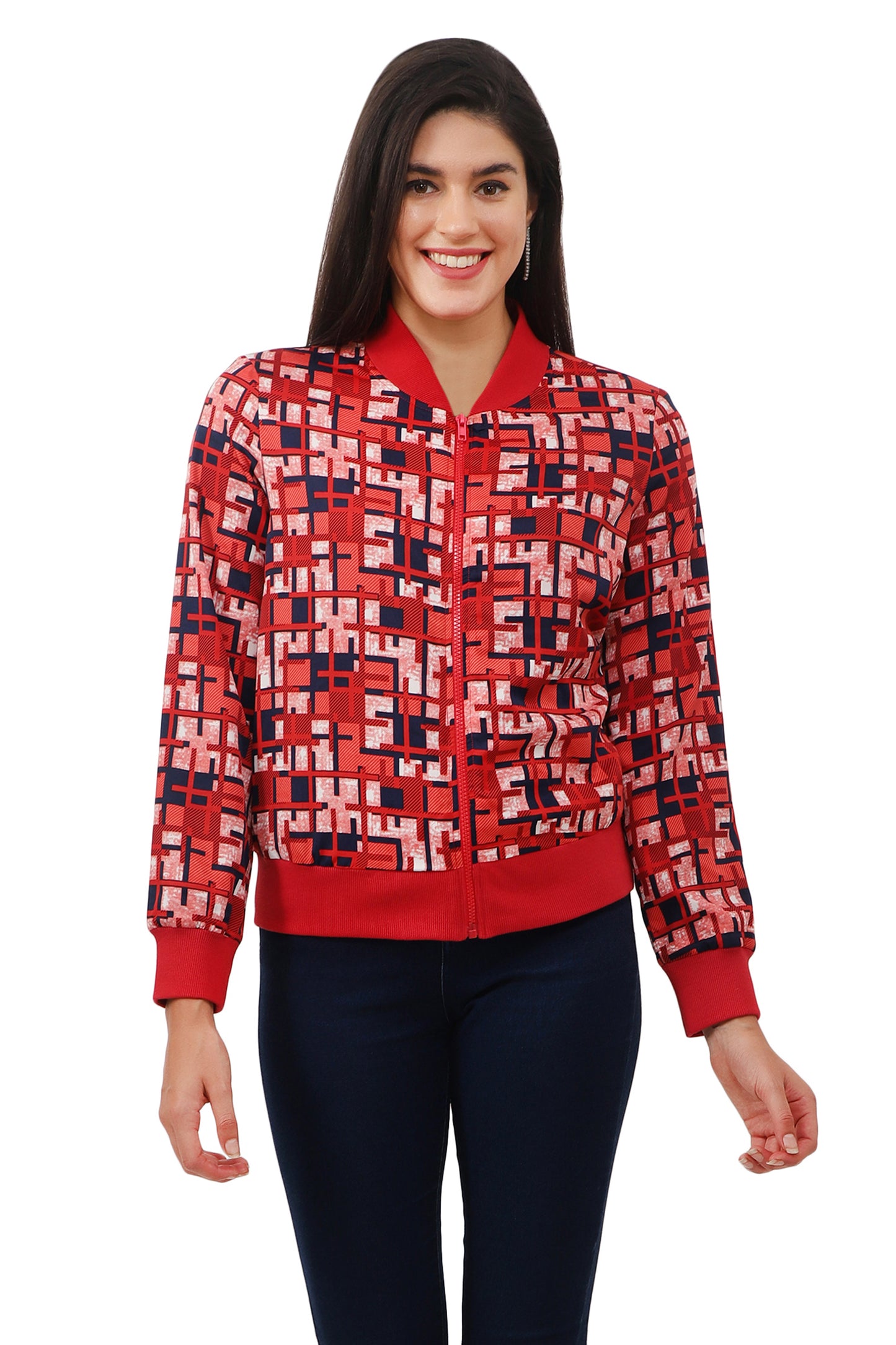 NUEVOSDAMAS Women Printed Full Sleeve Bomber jacket | Latest Stylish Checks Printed Women Jacket | Light Weight Crepe Jacket for women_Red multi