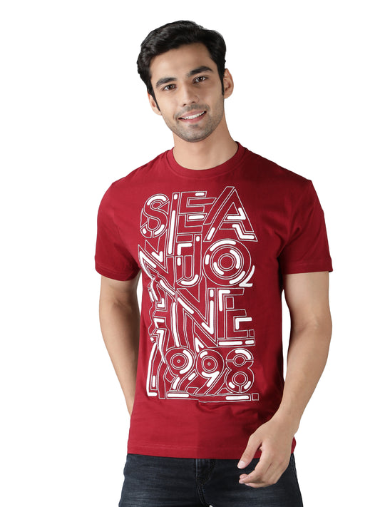 NUEVOSPORTA Men's Cotton Graphic Printed Maroon T-Shirt